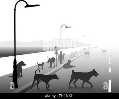 Modificabile illustrazione vettoriale di un variegato gruppo di cani randagi su una strada solitaria Illustrazione Vettoriale