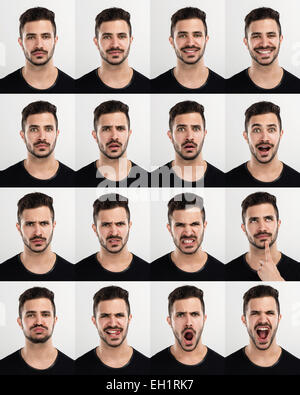 Composito di ritratti multipli dello stesso uomo in diverse espressioni Foto Stock