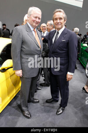 Ginevra, Svizzera - 03 Marzo 2015: il gruppo Volkswagen la notte a Geneva International Motor Show con Wolfgang Porsche e Jacky Ickx/picture alliance Foto Stock