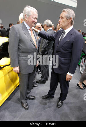 Ginevra, Svizzera - 03 Marzo 2015: il gruppo Volkswagen la notte a Geneva International Motor Show con Wolfgang Porsche e Jacky Ickx/picture alliance Foto Stock