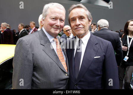 Ginevra, Svizzera - 03 Marzo 2015: il gruppo Volkswagen la notte a Geneva International Motor Show con Wolfgang Porsche e Jacky Ickx/picture alliance Foto Stock