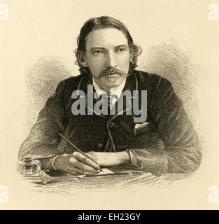 Antico risalente al 1910 incisione di Robert Louis Stevenson da Samuel Hollyer. Robert Louis Balfour Stevenson (13 novembre 1850 - 3 dicembre 1894) era un romanziere scozzese, poeta e saggista e scrittore di viaggi. Le sue opere più famose sono l'isola del tesoro, rapiti e strano caso del dottor Jekyll e Mr Hyde. Foto Stock