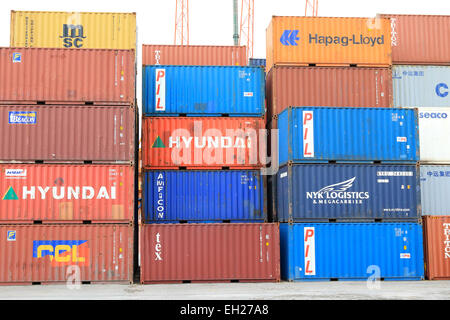 I contenitori di spedizione, contenitore, al dock con gru di sollevamento. Montevideo, Uruguay. Foto Stock