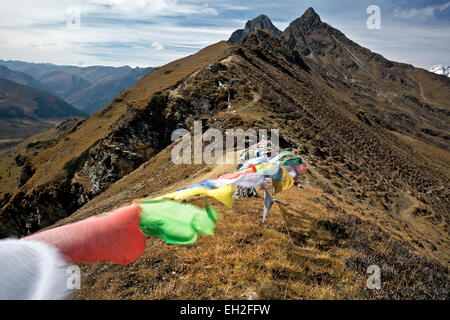 BU00258-00...BHUTAN - pregare bandiere al vento al vertice di 4.520 m (14,829-piede) Takhung La sul Jhomolhari 2 Trek. Foto Stock