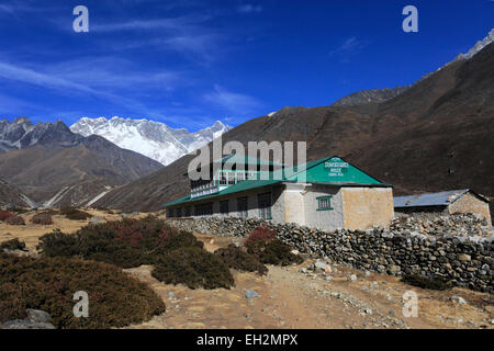 Vista del villaggio Orsho, Pheriche Pass, campo base Everest trek, Sito Patrimonio Mondiale dell'UNESCO, il Parco Nazionale di Sagarmatha, Solu-Khumbu Foto Stock