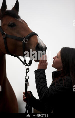 Una giovane donna alla ricerca fino a un cavallo, toccando il suo naso Foto Stock