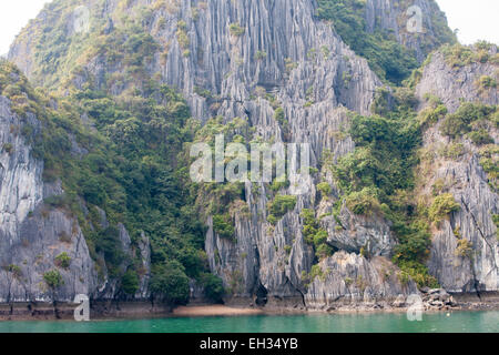 Exotic Tropical Beach e capanne di base e calcare carso in Cat Ba Parco Nazionale,Ha long,Halong Bay, Vietnam Foto Stock