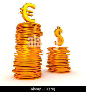 Golden Euro e Dollaro simboli su pile di monete. Su bianco Foto Stock