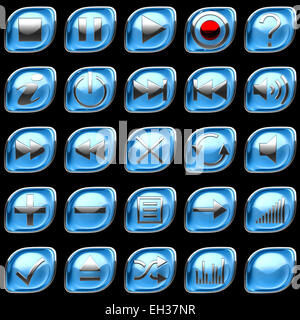 Blue spinto i pulsanti del pannello di controllo o le icone isolato su nero Foto Stock