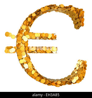 Golden valuta Euro e contanti. Simbolo assemblato con monete. Isolato su bianco Foto Stock