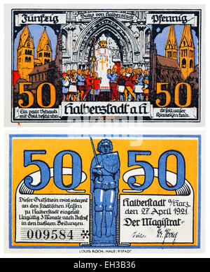 50 pfennig, notgeld banconota, Halberstadt, Sassonia-Anhalt, Germania, 1921 Foto Stock