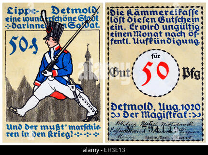 50 pfennig, notgeld banconota, Detmold e Renania settentrionale-Vestfalia, Germania, 1921 Foto Stock