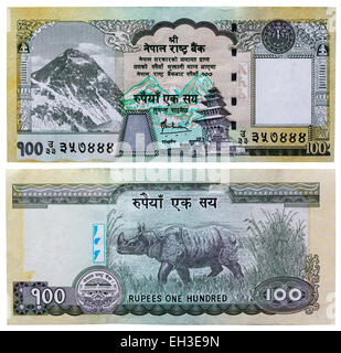 100 rupie banconota, Everest e rinoceronte, Nepal, 2008 Foto Stock