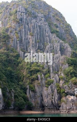 Exotic Tropical Beach e capanne di base e calcare carso in Cat Ba Parco Nazionale,Ha long,Halong Bay, Vietnam Foto Stock