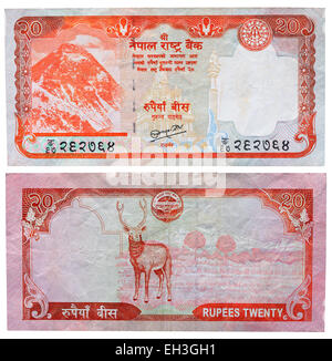 20 rupie banconota, Everest e cervi, Nepal, 2008 Foto Stock