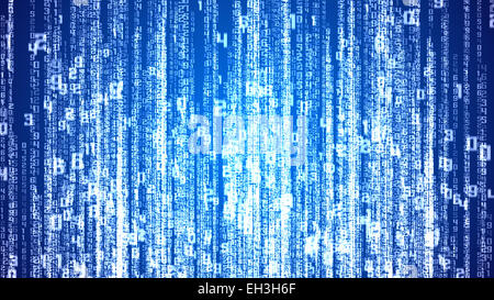 Digital numeri bianchi come codice pioggia su uno sfondo blu Foto Stock