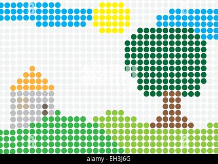 Illustrazione astratta di un verde giardino con alberi e casa. Illustrazione Vettoriale