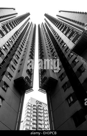 Una foto in bianco e nero di due edifici alti Foto Stock