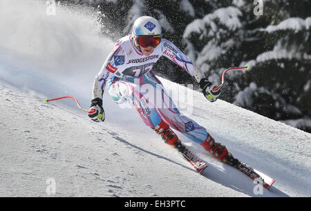 Garmish-Partenkirchen, Germania. 06 Mar, 2015. Tina Weirather del Liechtenstein in azione durante la donna in discesa la formazione in Garmish-Partenkirchen, Germania, 06 marzo 2015. Foto: Karl-Josef Hildenbrand /dpa/Alamy Live News Foto Stock