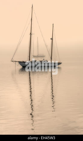 Fiume Connecticut in Essex, barche a vela nebbia di mattina Foto Stock