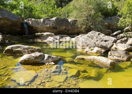 Francia, Aude, tra Camplong d'Aude e Montlaur, il flusso di metalline corre in Gorges du CongouSaint drenaggio di acqua dal rilievo di calcare del Alarico montagne Foto Stock