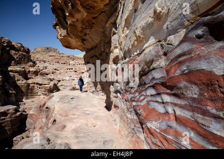 Giordania, Nabataean sito archeologico di Petra, elencato come patrimonio mondiale dall' UNESCO, trail, paesaggio e modelli in arenaria colorata Foto Stock