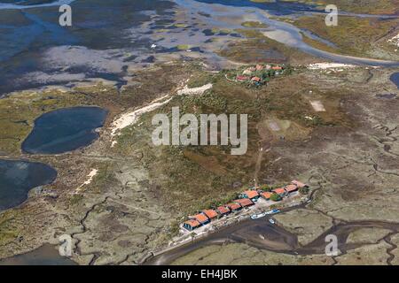 Francia, Gironde, Arcachon, case in legno su L'Ile aux Oiseaux (vista aerea) Foto Stock