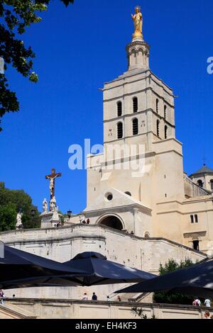 Francia, Vaucluse, Avignone centro storico sono classificati come patrimonio mondiale dall'UNESCO, la cattedrale di Notre Dame des Doms, vista dalla Place du Palais des Papes, una golden vergine protegge sempre la città dei Papi Foto Stock