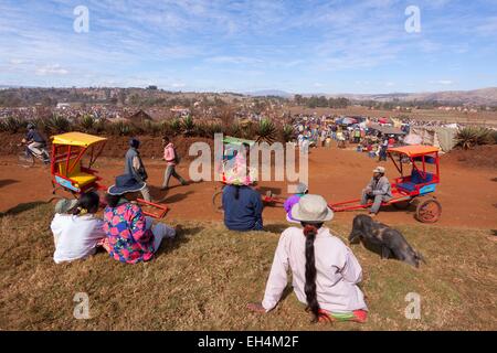 Madagascar, regione di Vakinankaratra, Antsirabe, rickshaws nella parte anteriore del mercato zebu Foto Stock