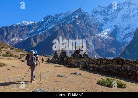 Il Nepal, Gandaki zona, Tsum valley trek, chortens buddista e il Ganesh Himal gamma in background Foto Stock