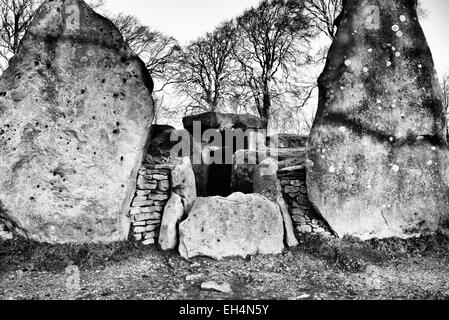 Waylands Smithy. Il neolitico long barrow entrata a Ashbury. Oxfordshire. In Inghilterra. Monocromatico Foto Stock