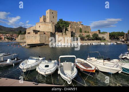 Francia, Pirenei orientali (66), Collioure, barche ormeggiate ai piedi del castello reale di Collioure Foto Stock