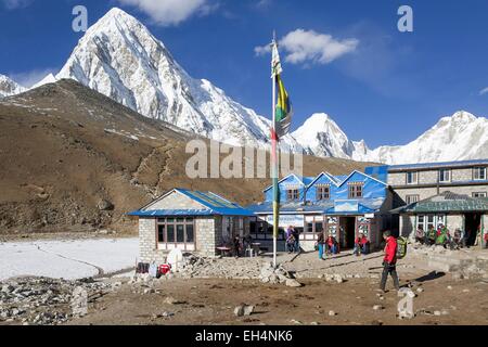 Il Nepal, il Parco Nazionale di Sagarmatha, classificato come patrimonio mondiale dall UNESCO, Solu Khumbu distretto, Gorak Shep e Pumori peak Foto Stock