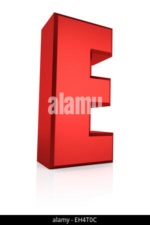 Lettera E. Red Letter sul piano riflettente. Sfondo bianco. 3D render Foto Stock