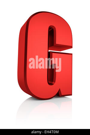 Lettera G. Red Letter sul piano riflettente. Sfondo bianco. 3D render Foto Stock