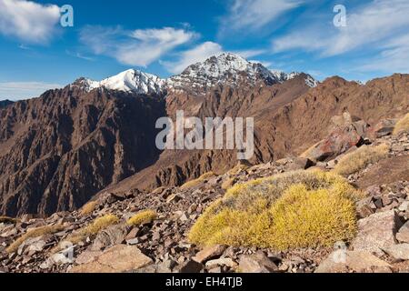 Il Marocco, Alto Atlante, Toubkal National Park, Tizi Ounrar Timaghka visto sul Toubkal (il picco più alto in Nord Africa, 4167 m) Foto Stock