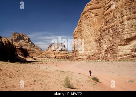 Giordania, Wadi Rum desert, area protetta elencati come patrimonio mondiale dall' UNESCO, il deserto di sabbia e rocce, Barrah Canyon Foto Stock