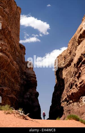 Giordania, Wadi Rum desert, area protetta elencati come patrimonio mondiale dall' UNESCO, Donna che cammina su una rossa duna di sabbia, entrando in uno stretto canyon Foto Stock