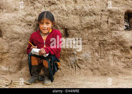 Ecuador, Cotopaxi, Tigua, piccolo paese ragazza facendo il suo dovere in fattoria Foto Stock