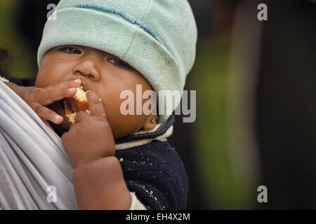 Ecuador, Imbabura, Cotacaxi, Intyrami giorno, ritratto di un bambino essendo gusto nel retro della sua madre durante i festeggiamenti Foto Stock