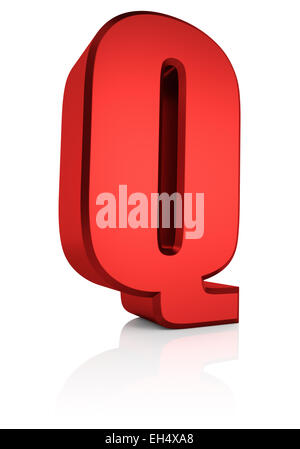 Lettera Q. Red Letter sul piano riflettente. Sfondo bianco. 3D render Foto Stock