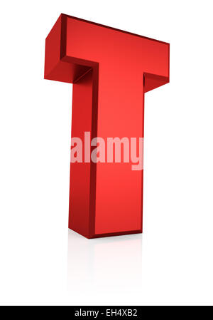 Lettera T. Red Letter sul piano riflettente. Sfondo bianco. 3D render Foto Stock