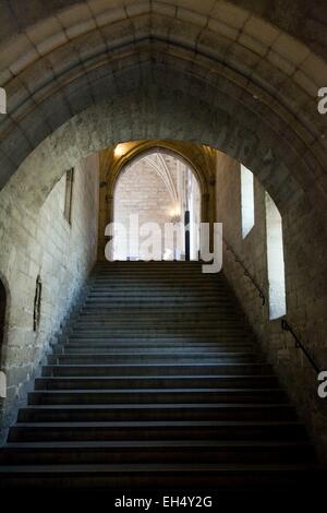 Francia, Vaucluse, Avignone centro storico sono classificati come patrimonio mondiale dall' UNESCO, il Palais des Papes, l'aumento della scala principale Foto Stock