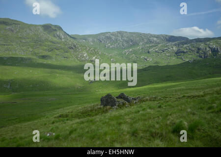 Vecchio cottage in pietra in rovina insieme contro le montagne Bluestack in Donegal, Irlanda Foto Stock