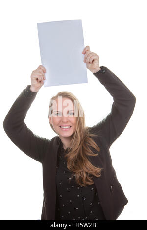 Donna felice azienda blank white paper Foto Stock