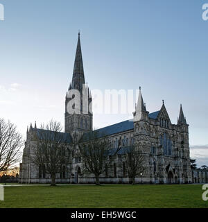 La Diocesi di Salisbury Cathedral all'Alba - West End, porta nord, navata e transetto & Guglia Foto Stock