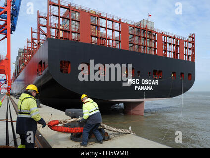 Wilhelmshaven, Germania. 7 Mar, 2015. Il più grande del mondo container 'MSC Oscar' terre al molo di JadeWeserPort in Wilhelmshaven, Germania, 7 marzo 2015. La 395, lungo 4 metri e 59 metri di larghezza nave carichi fino a 19 000 contenitori e prevede le fermate presso l'unico in Germania deep-porto di mare. Foto: INGO WAGNER/dpa/Alamy Live News Foto Stock