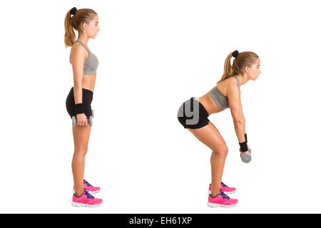 Facendo femmina dumbbell deadlifts isolato in bianco Foto Stock