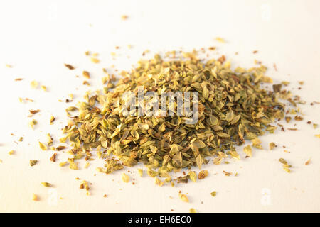 Un mucchio di origano secco, isolato su sfondo bianco Foto Stock
