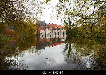 Lago di amore con il castello medievale di Bruges, Belgio Foto Stock